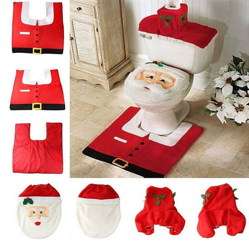 3ER SET WEIHNACHTS DEKORATION BAD - TOILETTENSITZBEZUG - ANTI-RUTSCH-BADEZIMMERMATTE - TEPPICH